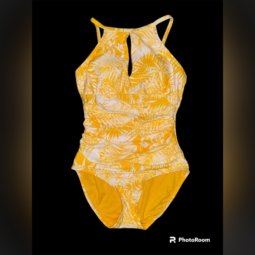 Ellen Tracy one piece yellow palm trees swim suit